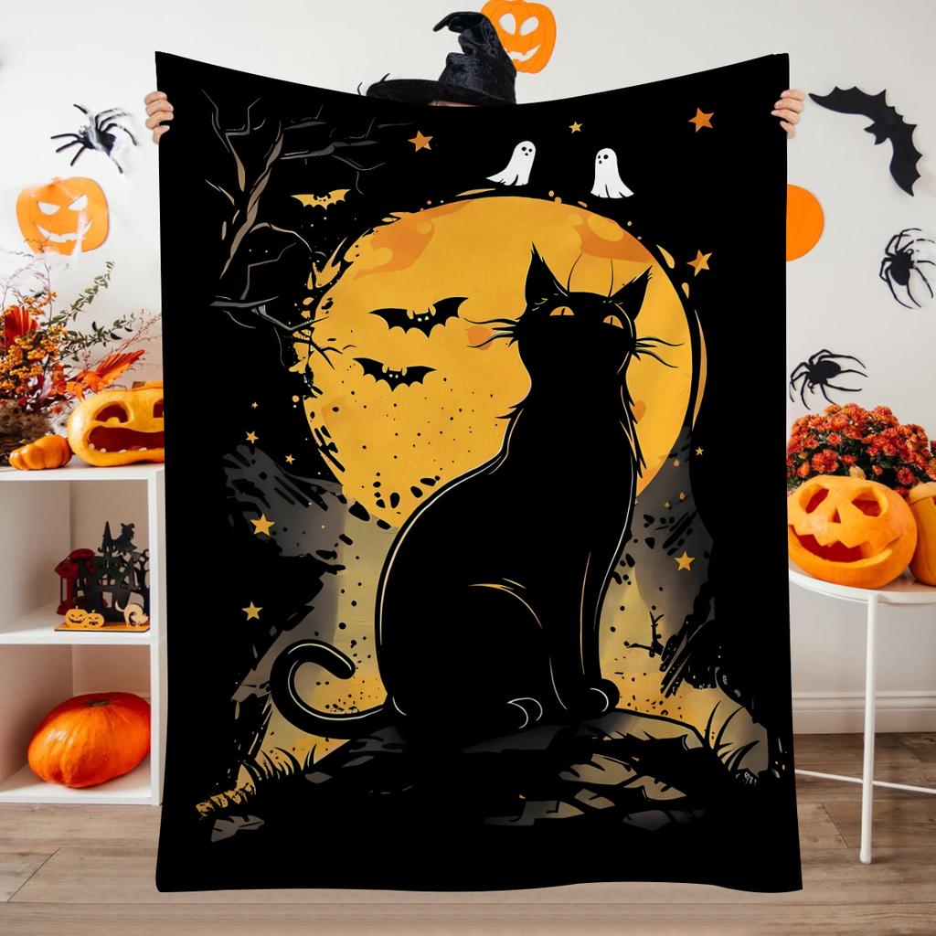 1pc Halloween flannel plush blanket, black cat, moon, bat printed blanket, exquisite Halloween gift blanket