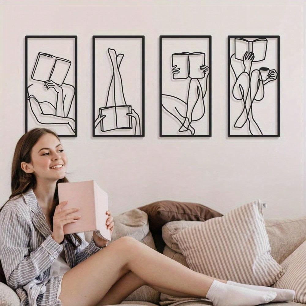 Art Deco Abstract Woman Line Metal Wall Art Set of 4 Modern Matte Black Minimalist Home Decor