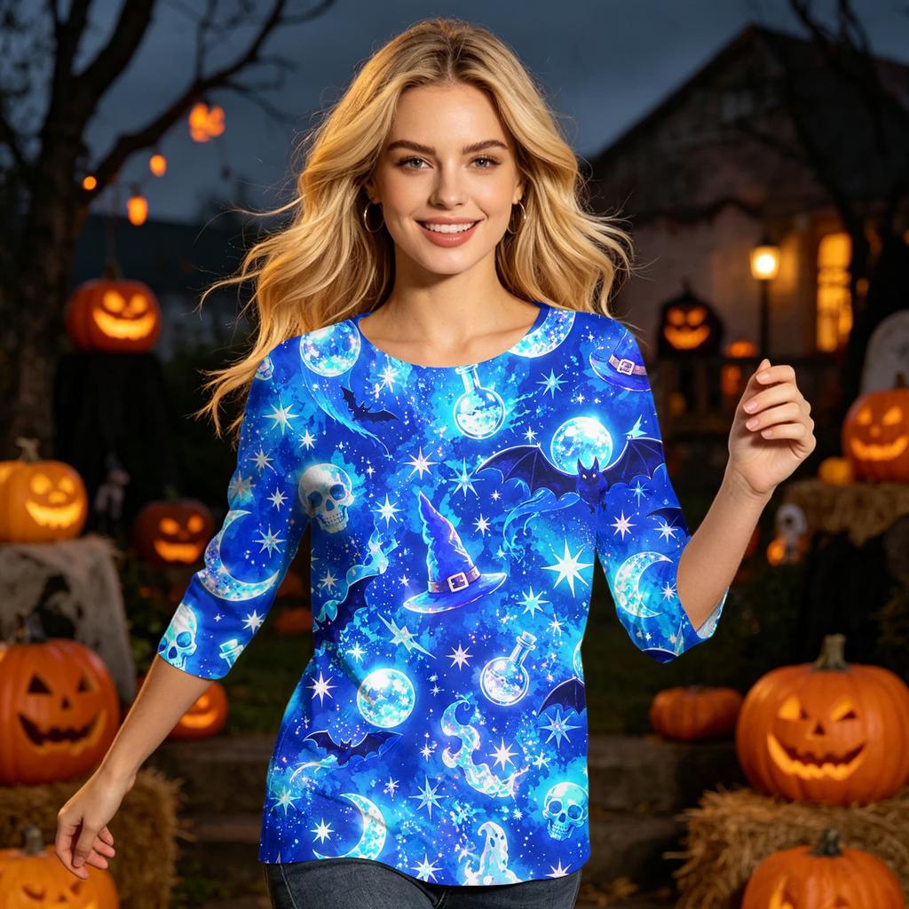 Women’s Casual Three Quarter Sleeve Crew Neck Top with Halloween and Pumpkin Print Loose Fit Comfortable Design