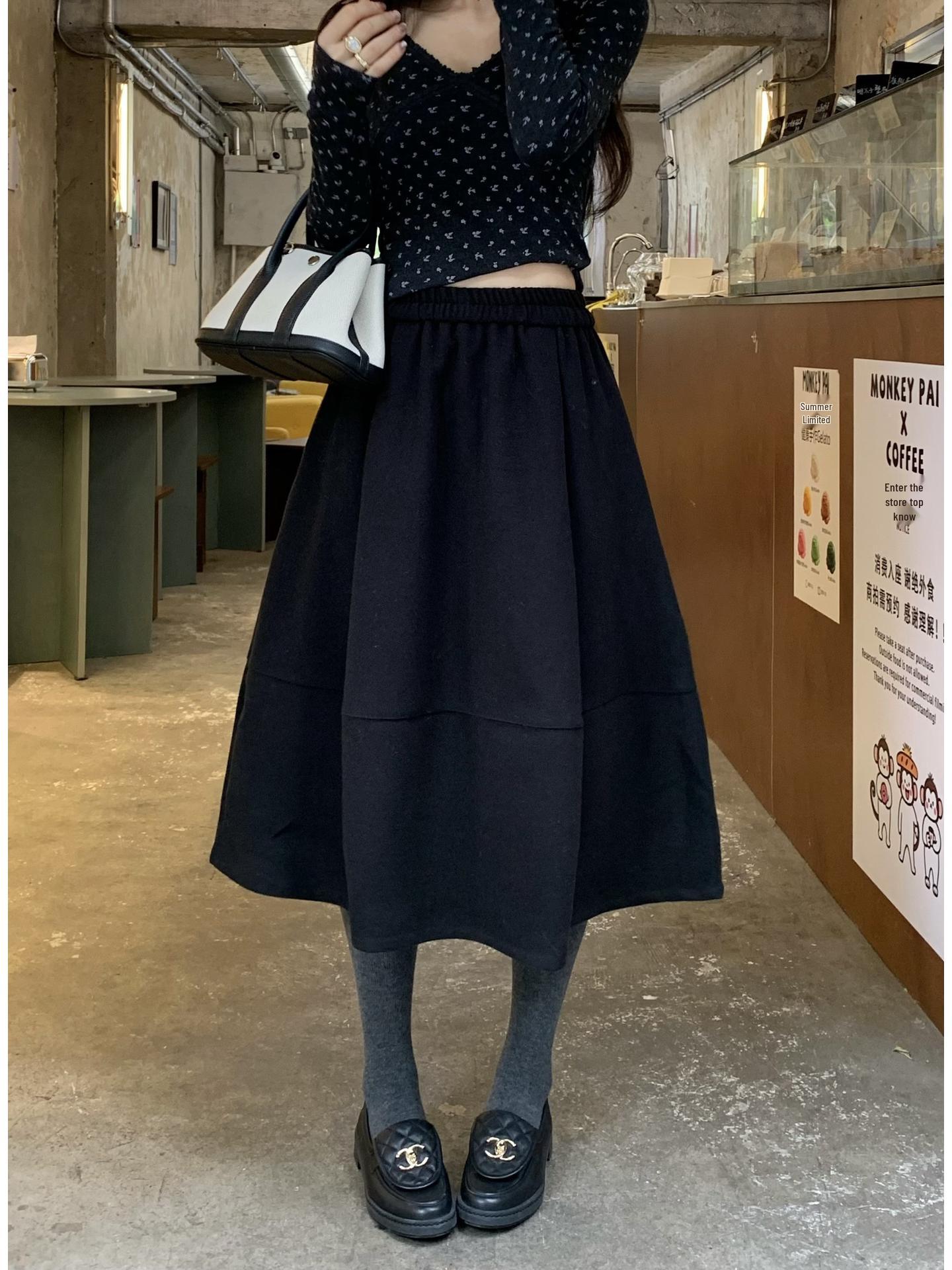 Winter 2025: Korean Minimalist Elastic Waist Wool A-Line Midi Skirt for Women One Size чёрный
