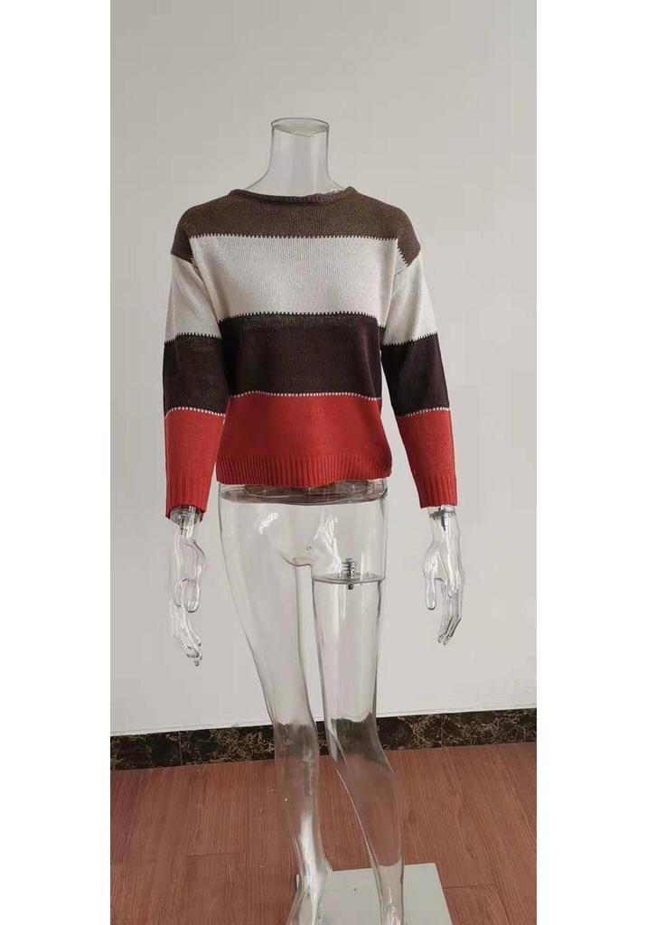 2024 Women's Casual Striped Long Sleeve Round Neck Sweater for Autumn and Winter