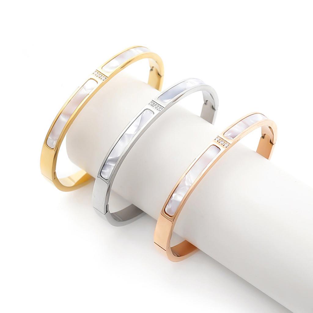 Alloy Bangle With 3 Shining Diamonds and White Shell Accent Fashion Accessory for Stylish Everyday Jewelry Pieces