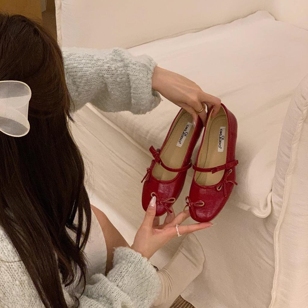 "Bordeaux Girl" Ballet Burgundy One-word Strap Shoes Women's 2025 Spring Shoes Light Mouth Mary Jane Flats
