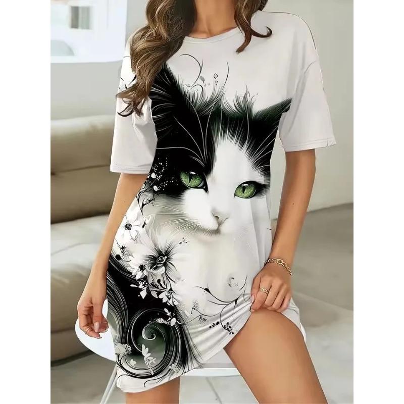 Plus Size Casual Dress with Cute Girl Print and Round Neck