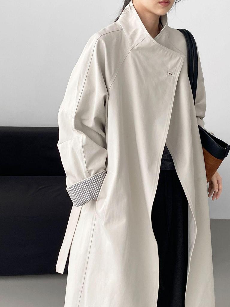 Women's High-End Korean British Retro Trench Coat: Stand-Up Collar, Waist-Cinching, Loose Fit, Mid-Length (5052-1)