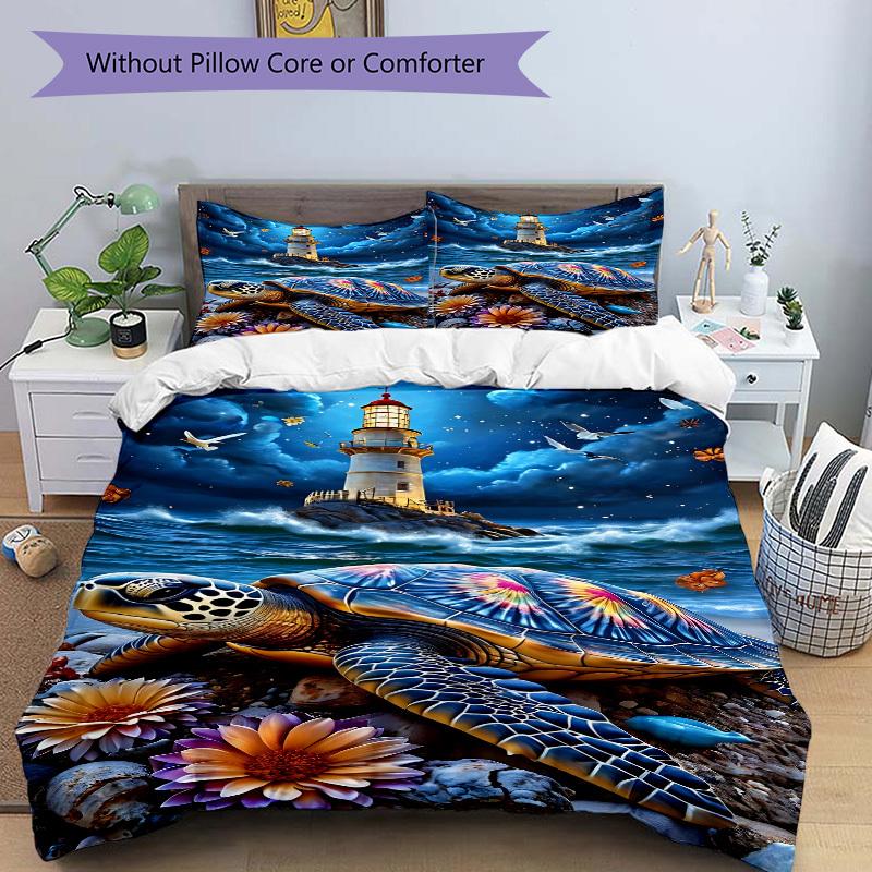 3pcs Lighthouse, Sea Turtle Duvet Cover Set - Machine Washable, Includes 1 Cover and 2 Pillowcases, No Core Included Yy251013005