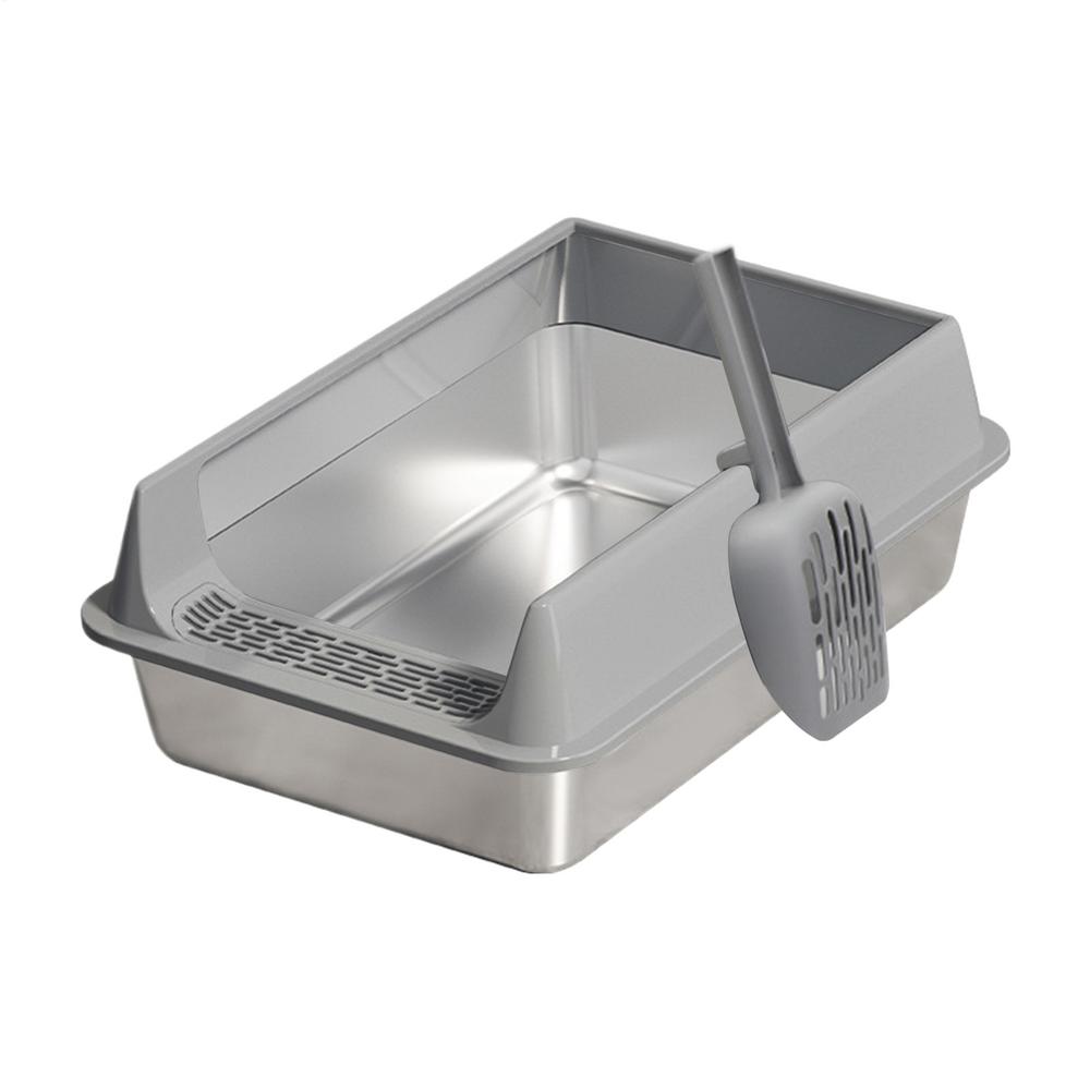 

Stainless Steel Cat Litter Box Semi-Enclosed High Sided Leak Proof Odor Control Easy Clean Durable Metal Cat Toilet with Scoop