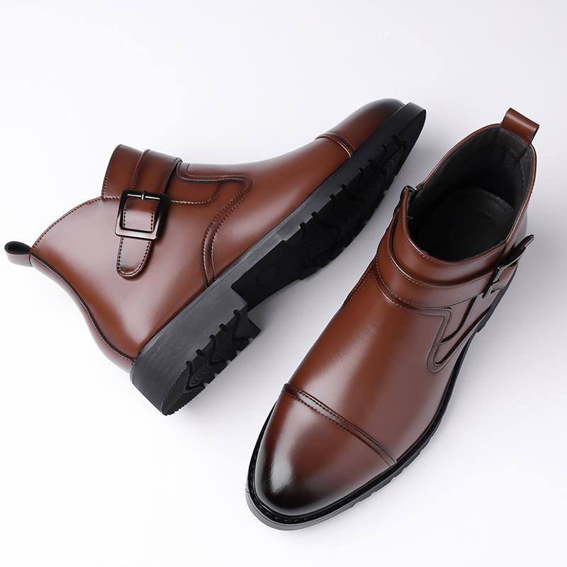 Fashion Casual Leather Male Chelsea Boots Business Mens Botas Comfortable High Top Shoes Fashionable Metal Buckle Ankle Boots Sneakers