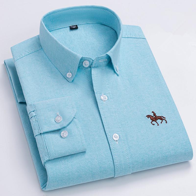 Basic Oxford Dress Shirt For Men Long Sleeve 100% Pure Cotton Solid  Casual Plaid Striped Social Business Male Regular-Fit S-6XL