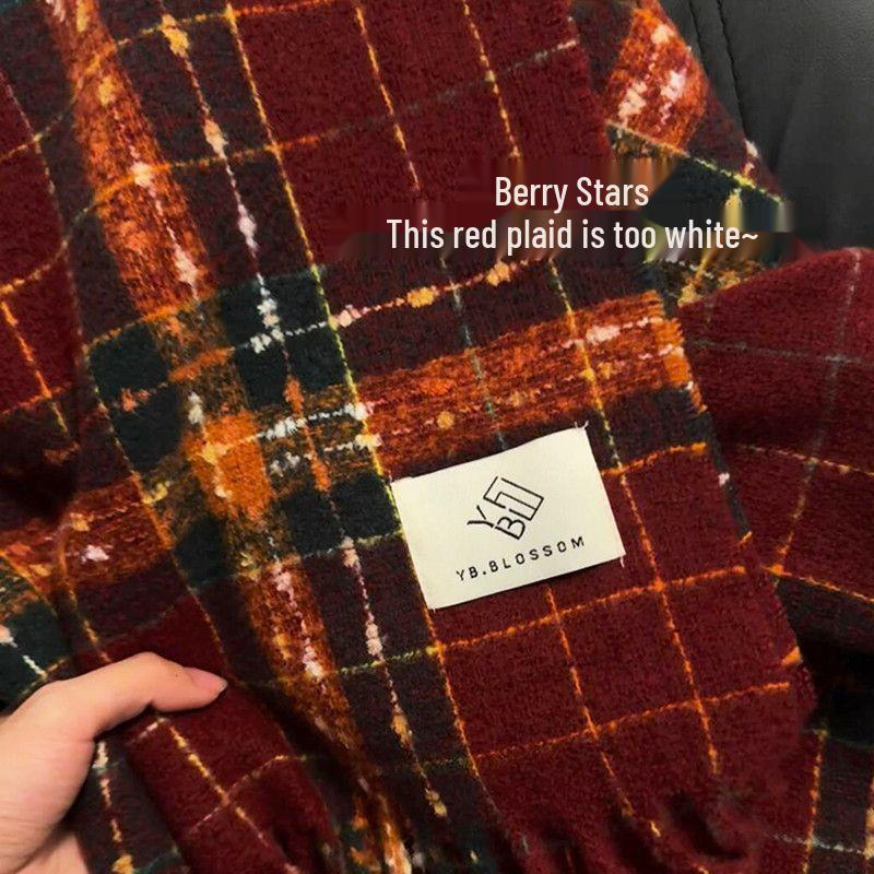 Korean Style Red Plaid Christmas Scarf - Versatile Tassel Shawl & Warm Neck Warmer