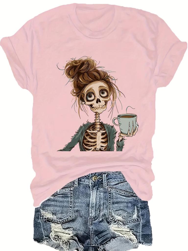 Skull Print Crew Neck T-Shirt Casual Short Sleeve T-Shirt For Spring & Summer Women's Clothing