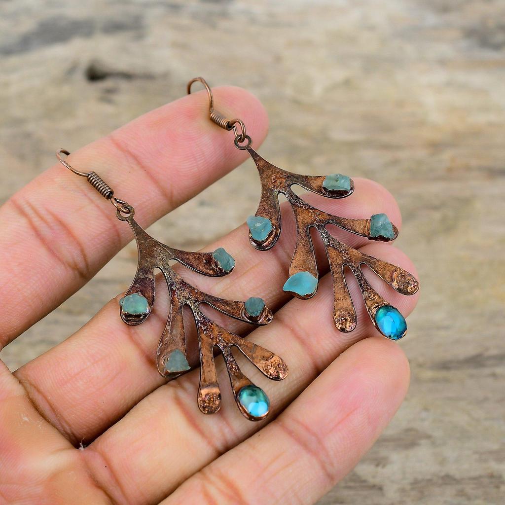 Faceted Neon Apatite Earring Electroformed Copper Earrings Neon Apatite Rough Earring Gemstone Copper Jewelry Handmade Earring Gift For Her