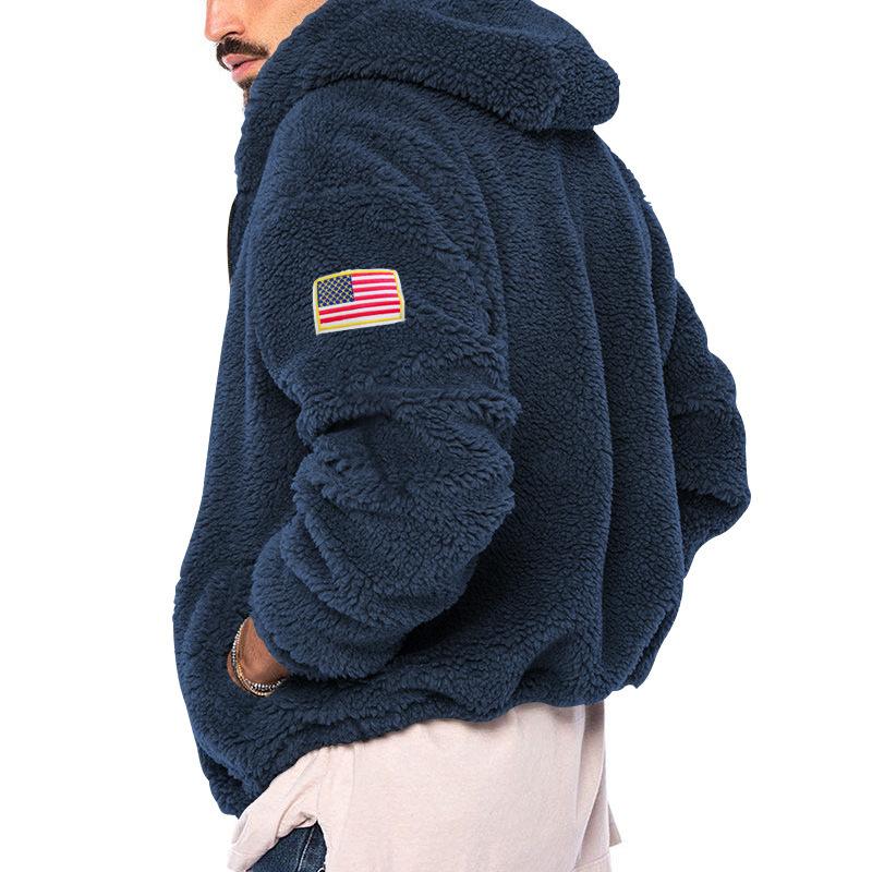 Men's Winter New Arrival Double-Faced Fleece-Lined Warm Hooded Zip-Up Casual Flag Logo Jacket