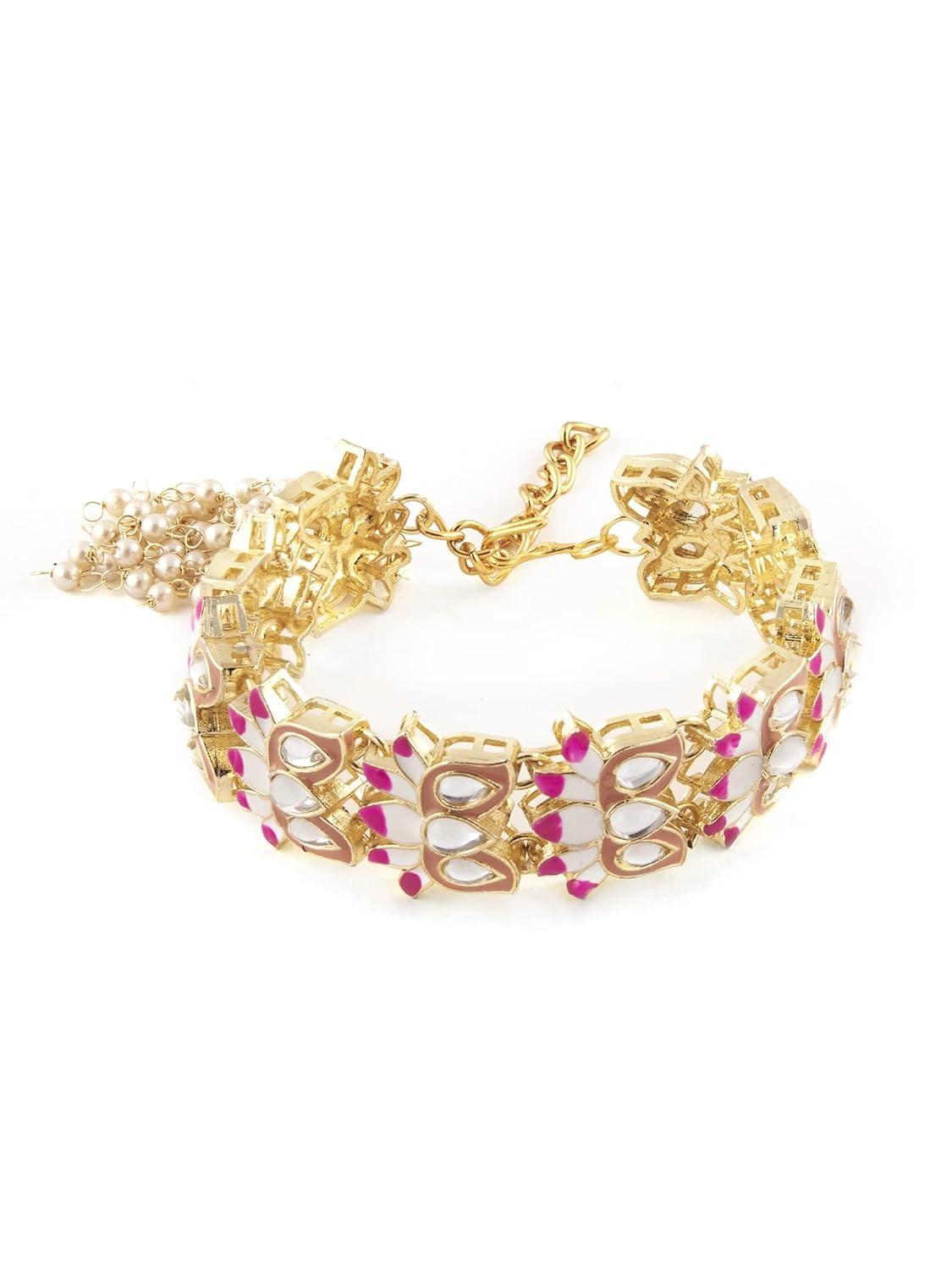 

Pink & Peach Meenakari Lotus Design Kundan Bracelet For Women Onesize