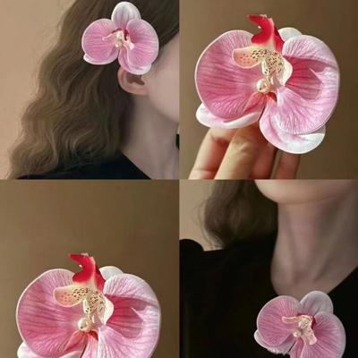 Koreańska Słodka Spinka do Włosów z Kwiatem Falenopsisa Nowa Moda Bohemia Kreatywny Design Materiałowy Kwiatowy Klips do Włosów z Perłą Damskie Nakrycie Głowy