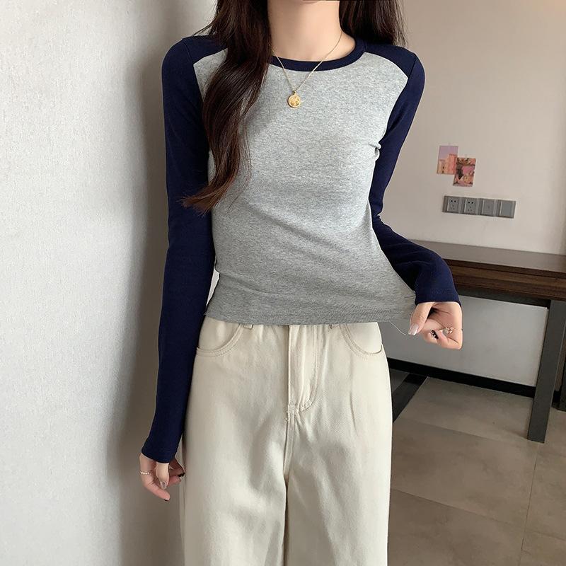 

Cotton 95% elastane 5% casual t-shirt women s autumn and winter thin shoulder-sleeved shirt with round neck 2XL Темно-синій