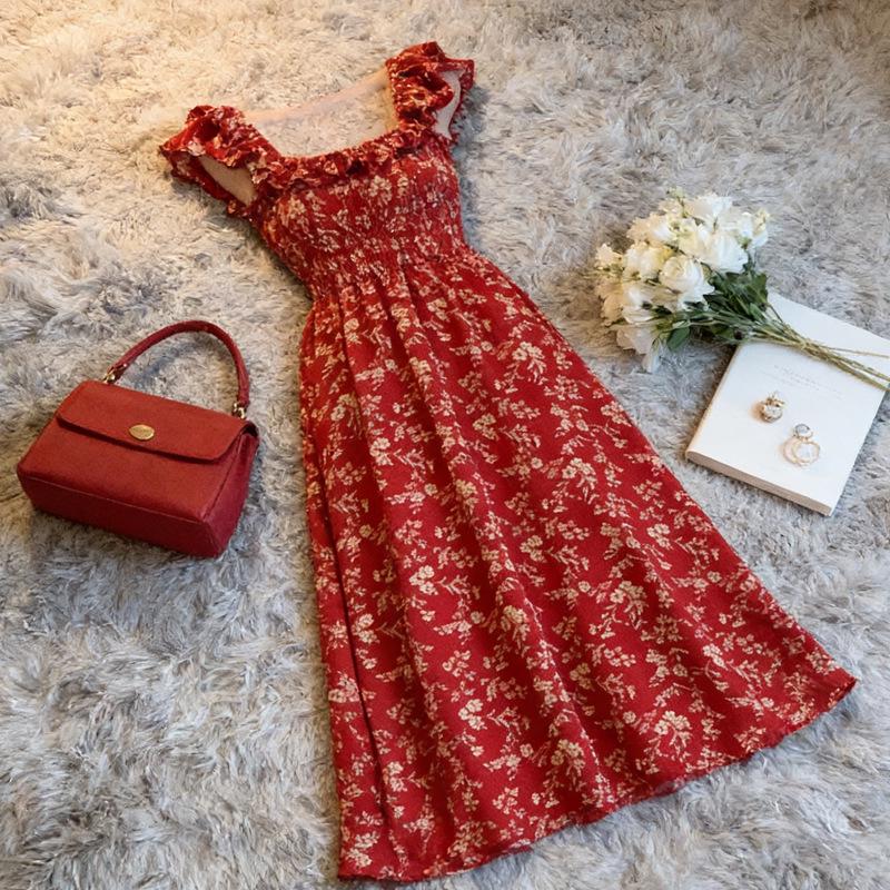 Retro Red Floral Slimming Square Neck Summer Dress