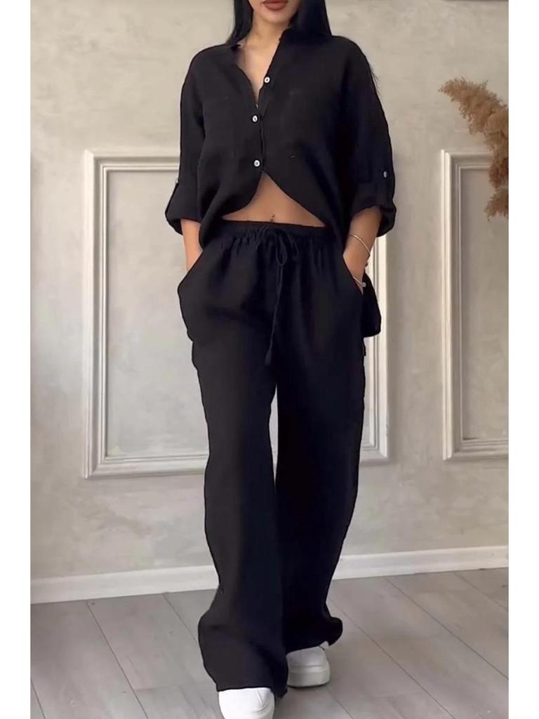 2026 Women's Solid Color Long-Sleeve Shirt & Wide-Leg Pants Set
