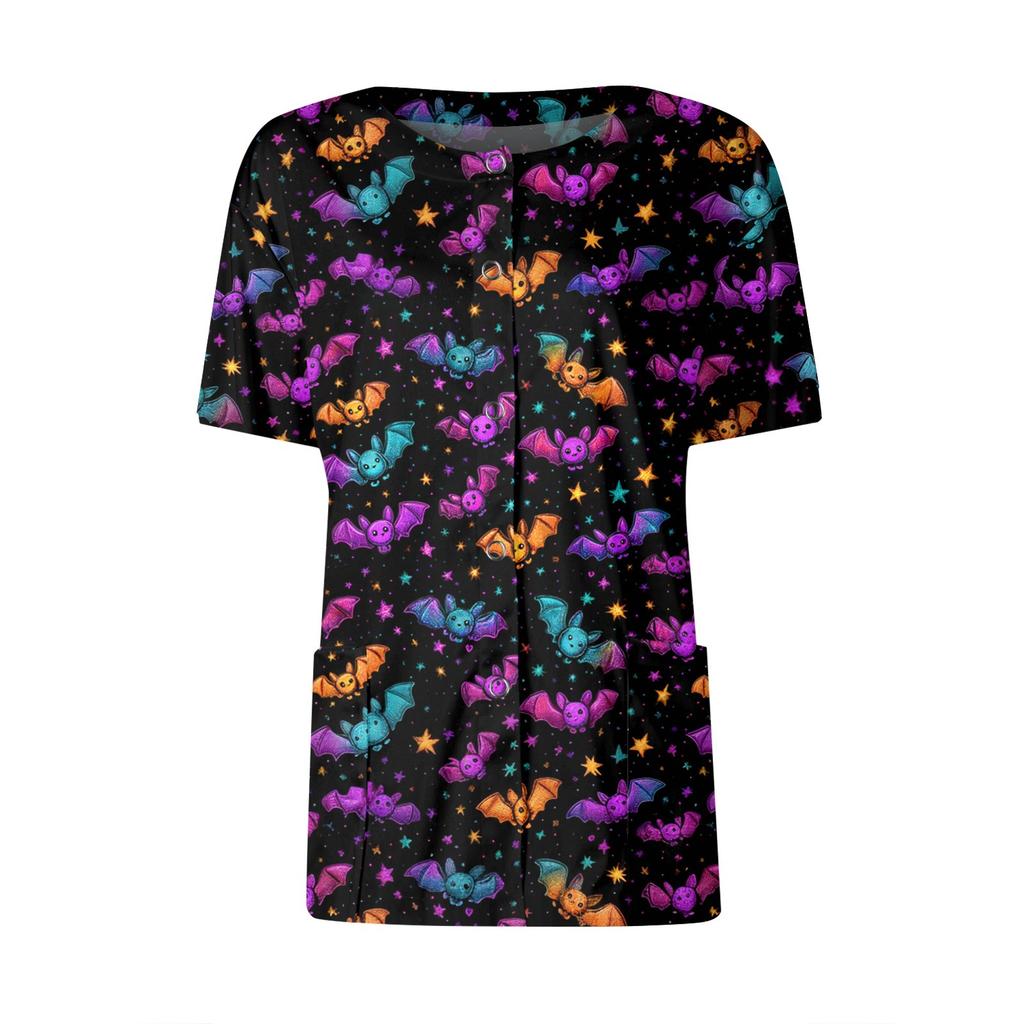 Women's Short Sleeved Patterned Pockets, Work Print Stand Up Collar, Single Breasted Protective Clothing, Cardigan Jacket, Top