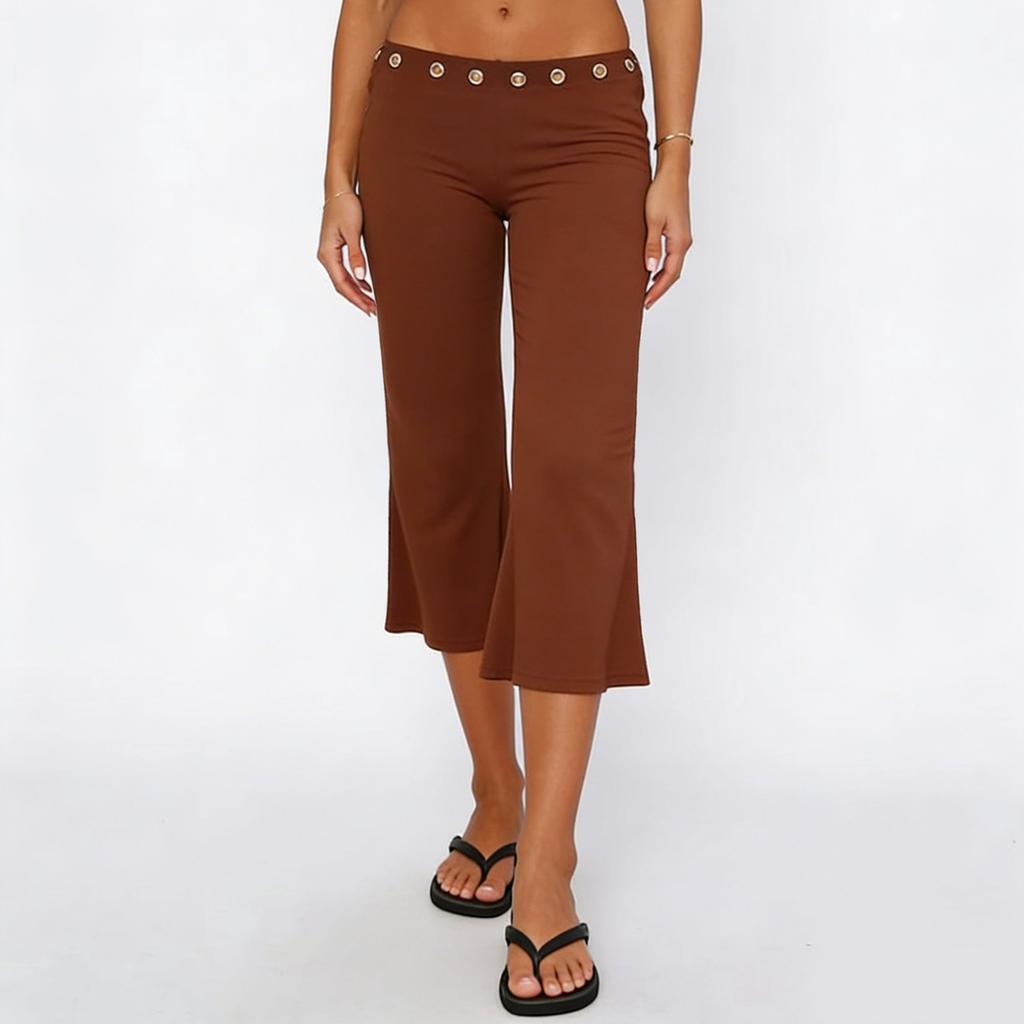 Women Slim Fit Flared Capri Pants Seven Quarter Length Casual Streetwear Sport Trousers with Waist Eyelet Detail
