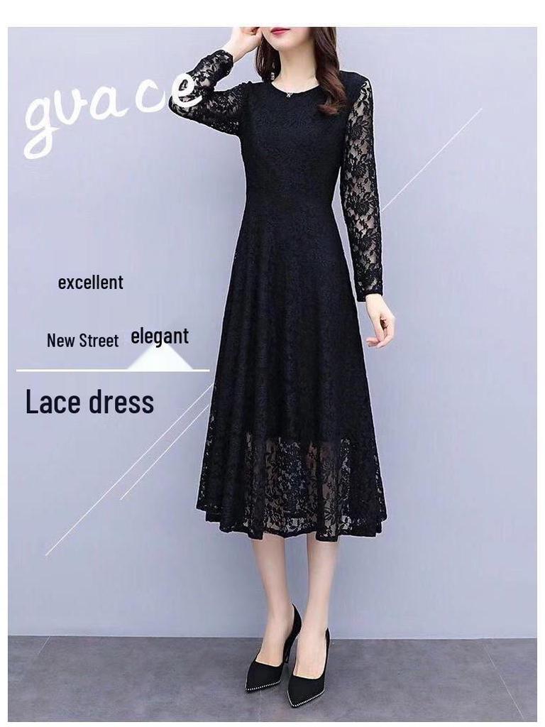Women's Plus Size Black Lace A-line Long Skirt Dress - Spring/Summer 2026, New Style, Long Sleeve, Elegant Fit