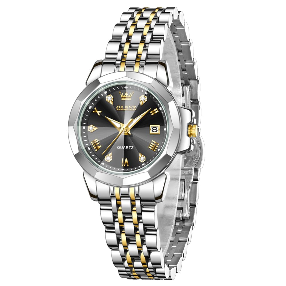 

OLEVS Women s Quartz Watch with Scent, Lightweight, Stainless Steel, Date Display, Diamonds, Waterproof, Luminous, Gift, Fragrance Watch, Gold/Black