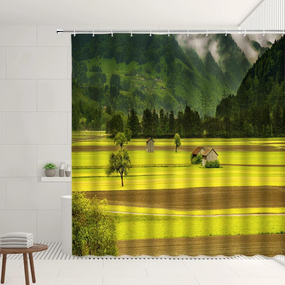 Farm Scenery Shower Curtain Set Retro Vintage Wooden Farmhouse Straw Stack Cute Sheep Bathroom Screen Garden Decor Wall Covering