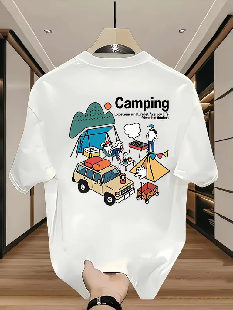 Cute Camping Adventure Graphic Tee With Cartoon Suv And Tent Print 100 Cotton Mens Tshirt Summer Outdoorinspired Casual Top