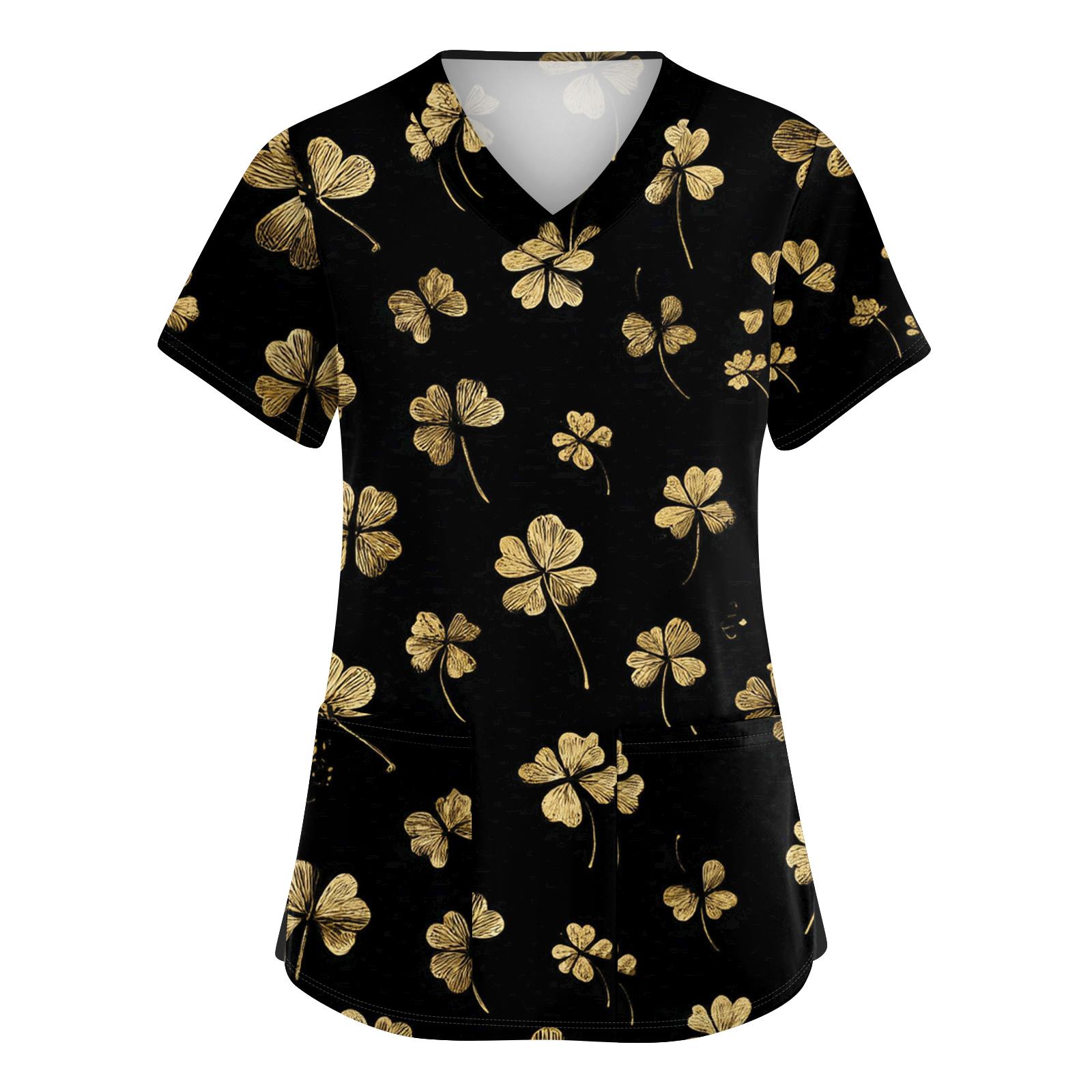 

Женский модный рабочий топ с V-образным вырезом, принтом, короткими рукавами, карманом, боковым разрезом, базовый пуловер L чёрный