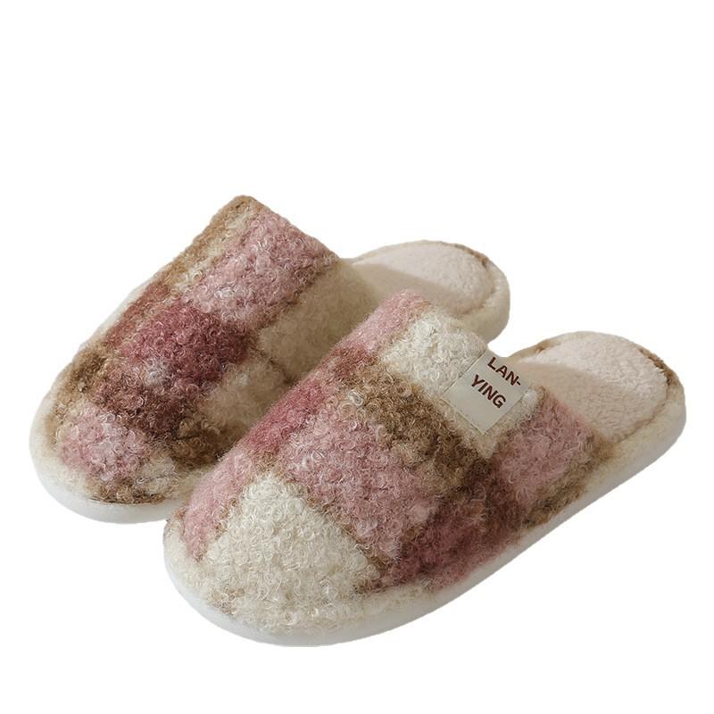 New classic plaid cotton slippers autumn and winter home use couple silent non-slip velvet warm fluff mop