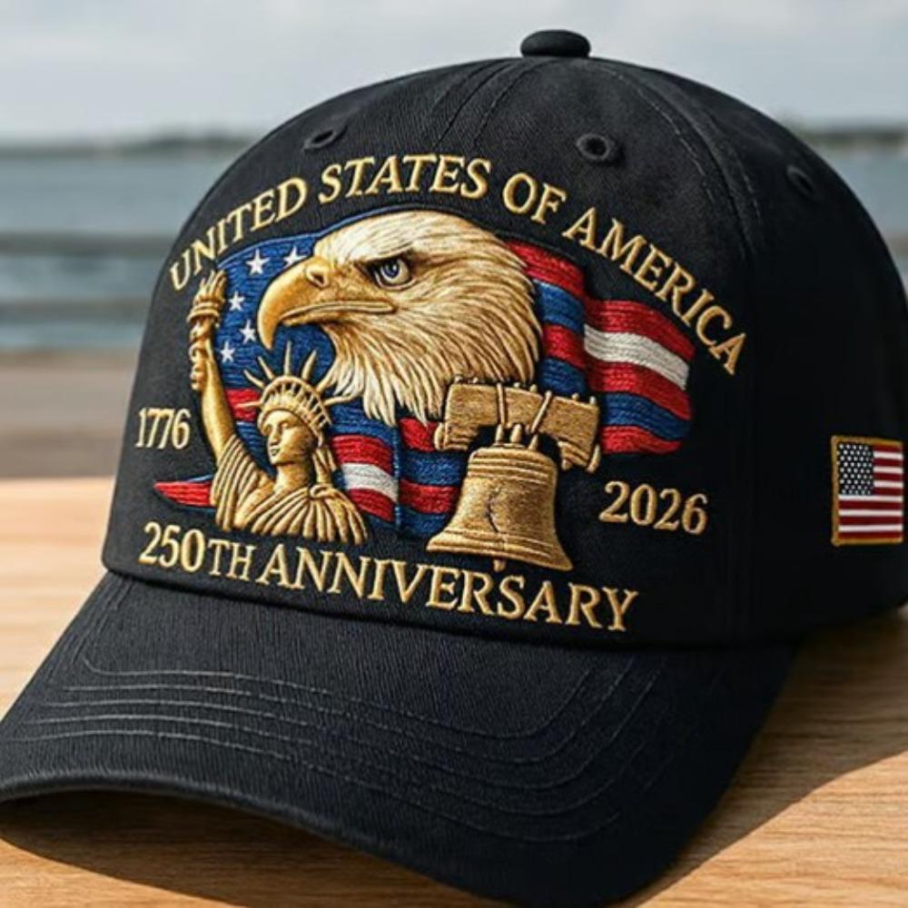 USA 250th Anniversary Cap with Eagle Print, Unisex, Adjustable, Washed Cotton, Trucker Cap, Outer Visor, Baseball Cap