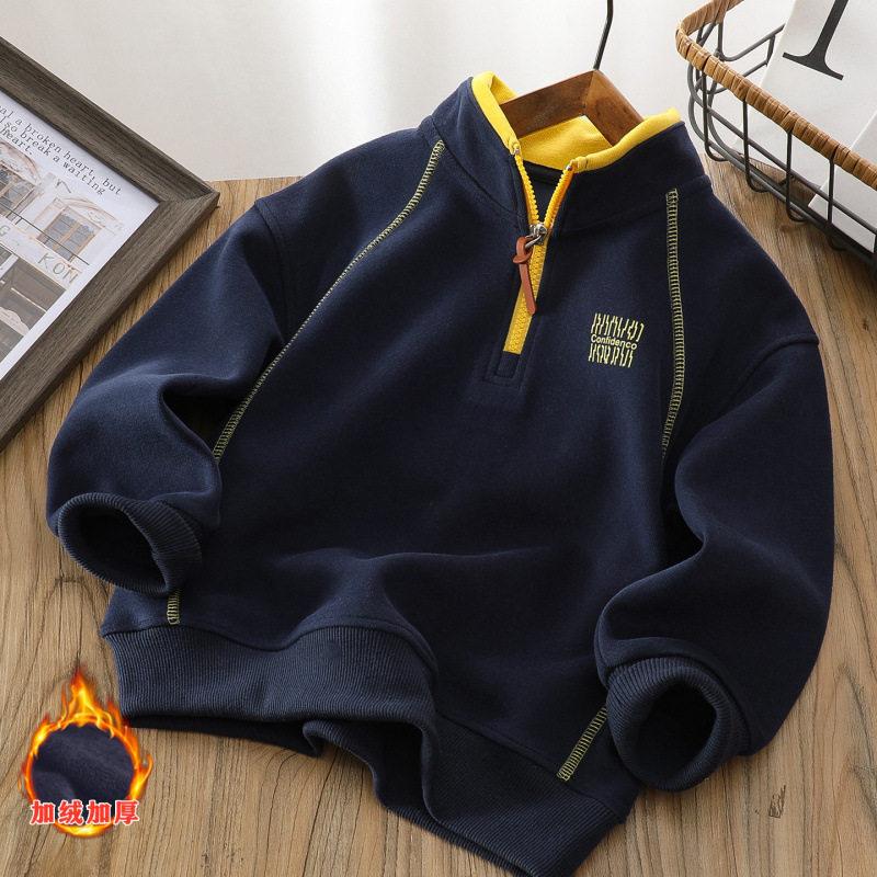 Boys Fleece Lined Half Zip Pullover Stand Collar Warm Sweatshirt Big Kids Long Sleeve Top 120