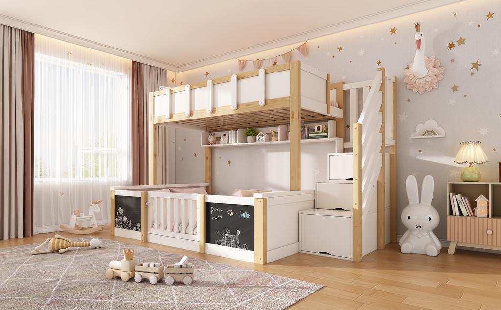 Kids Bunk Bed 90x200 and 140x200 cm Family Bed, Wooden Bunk Bed with Storage Stairs, Chalkboard & Safety Door, White/Natural (without Mattress)