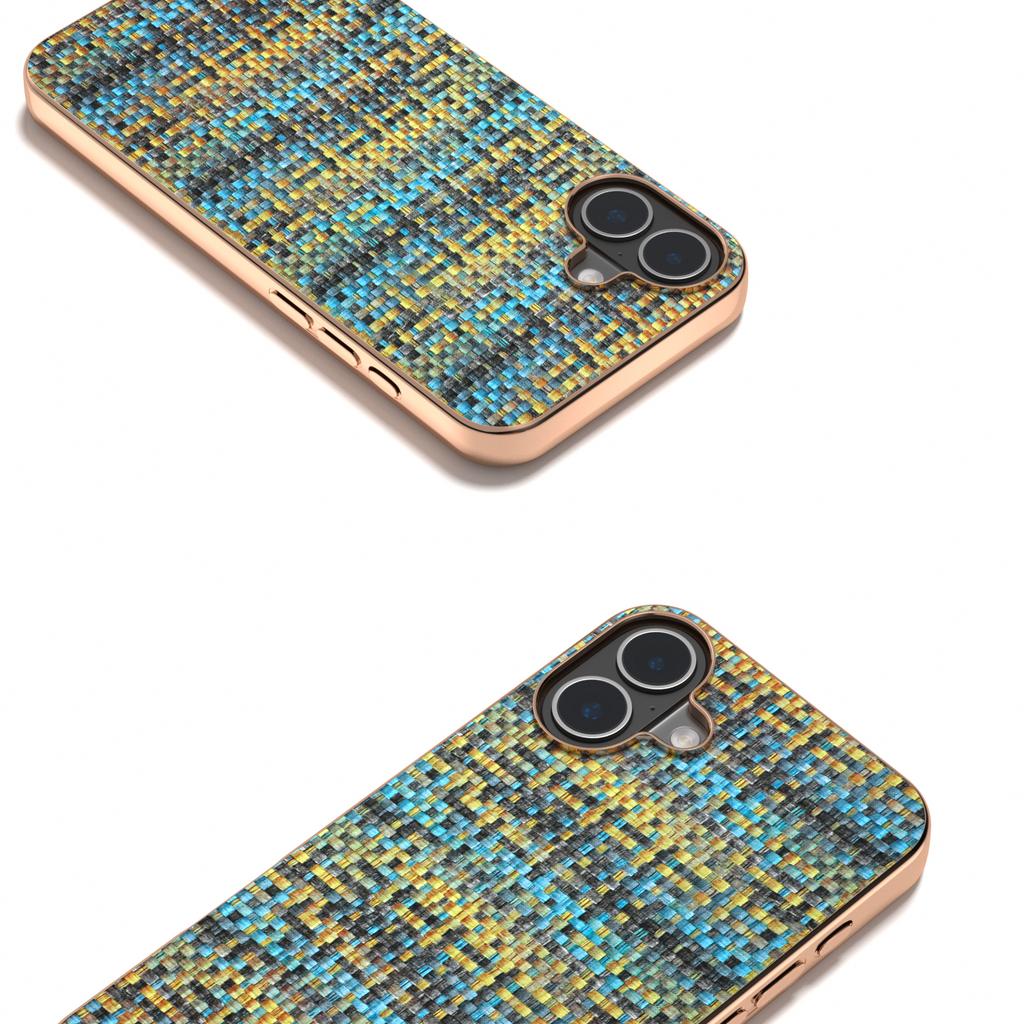 For iPhone 16 Case Electroplating Edge Plaid Texture PU Leather+PC+TPU Phone Cover