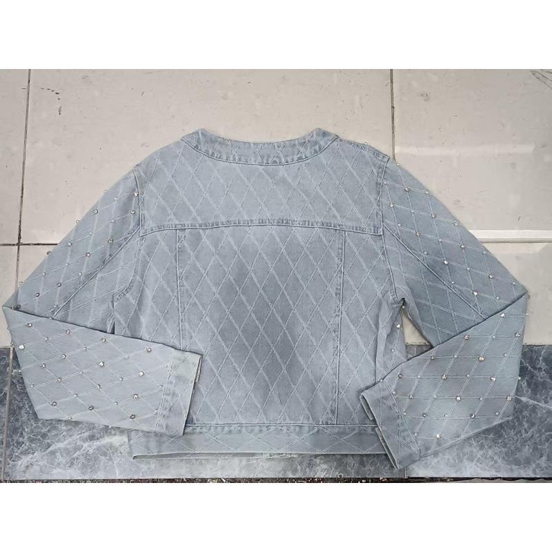 2025 Spring/Fall Beaded Slim Denim Jacket with Diamond Quilting