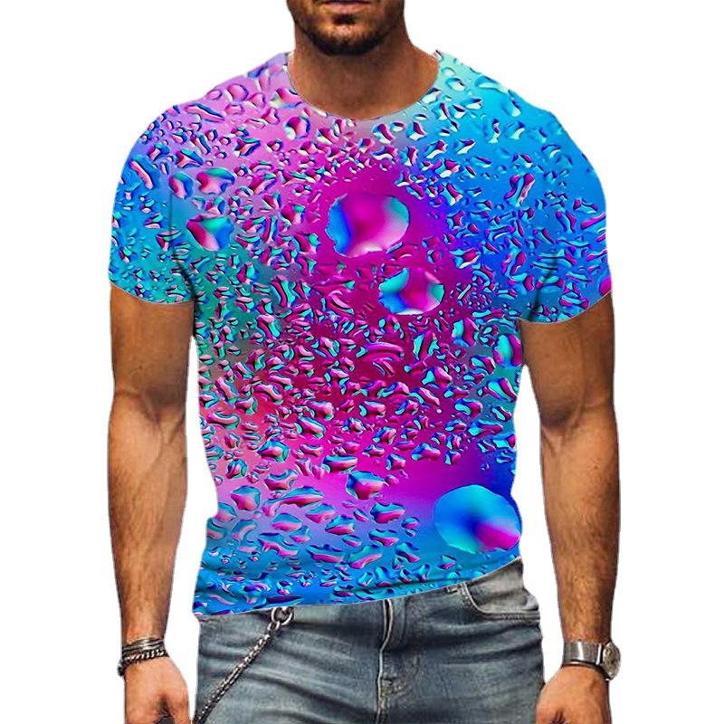 Summer Round Neck 3D Water Droplet Pattern Printed Top Fashionable Casual Short Sleeved Men's T-shirts