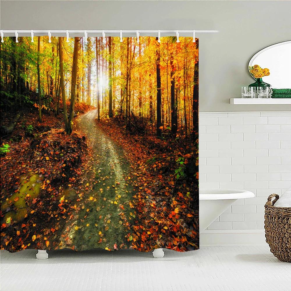 Forest Scenery Printed Fabric Shower Curtains Autumn leaves Tree leaf Bath Screen Waterproof Products Bathroom Decor with Hooks