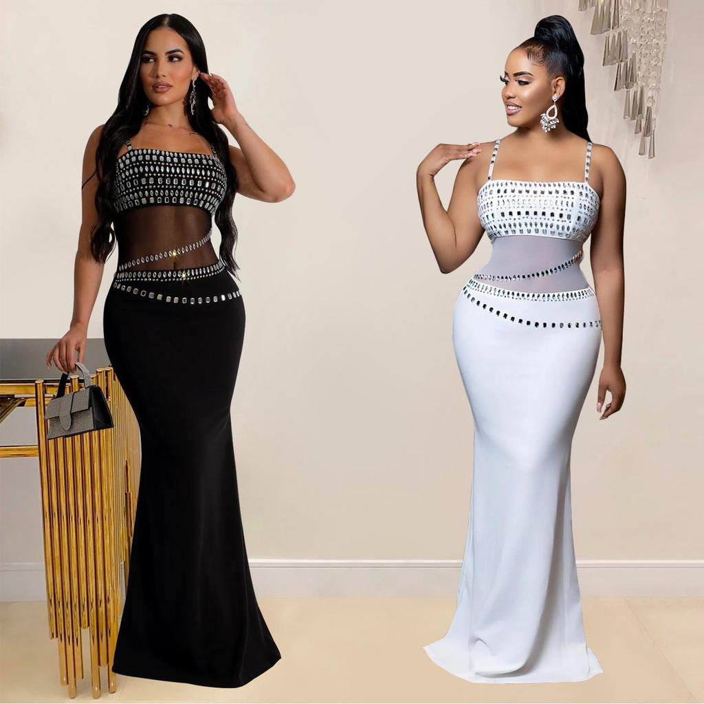 C6989 European & American Fashion Women's Rhinestone Mesh Long Dress