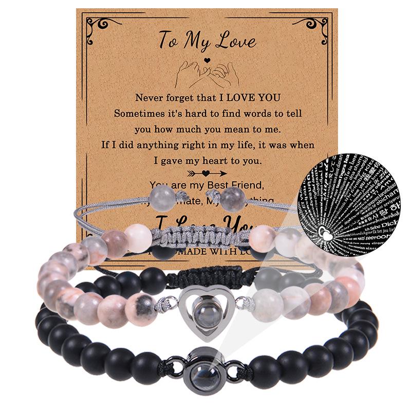 Bracciale con proiezione "Ti amo" in 100 lingue con pietra naturale smerigliata e turchese bianco per coppie