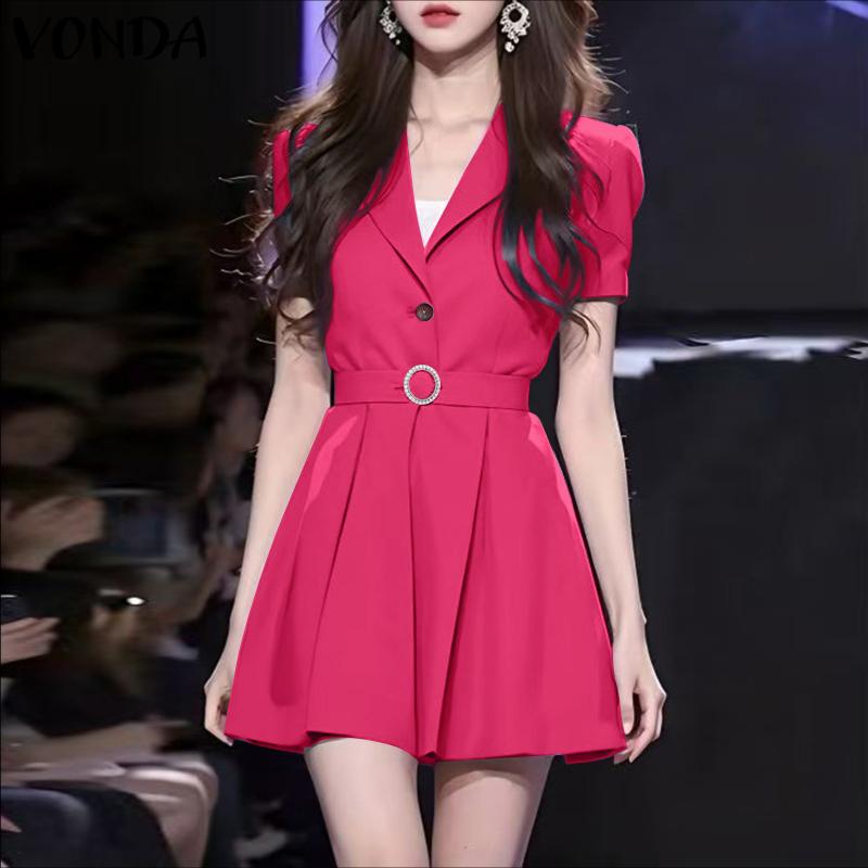 VONDA Women Elegant Short Sleeve Belt Casual Mini Pleated Dress