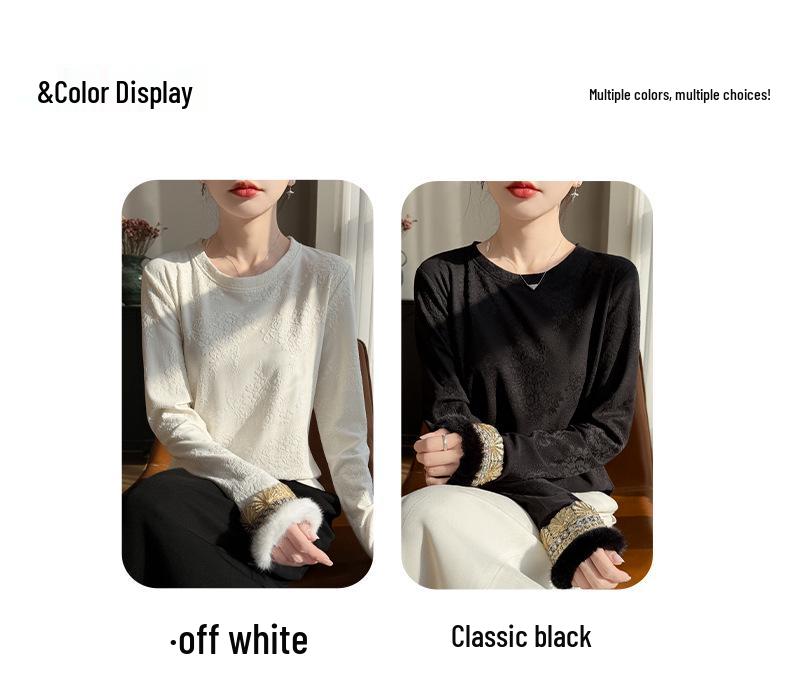 Women's High-End New Chinese Style Round Neck Warm Base Layer Top for Autumn and Winter Fashion