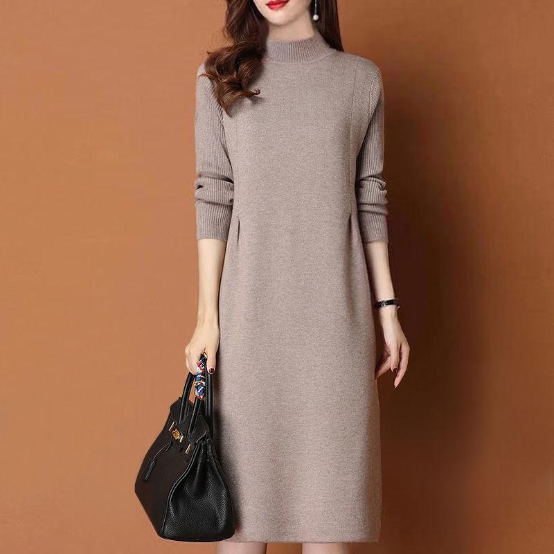 Women's Wool Knit Dress: Autumn/Winter Korean Style, Half-High Collar, Loose Fit, Medium-Long Skirt