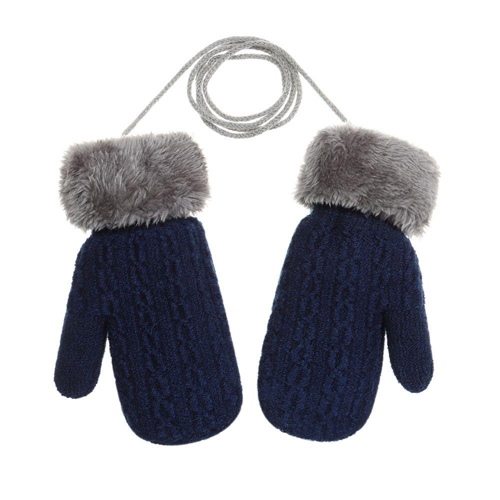 For 1-4 Years Winter Hanging Neck Faux Fur  Gloves Thick Warm Knitted Mittens Cute Cartoon