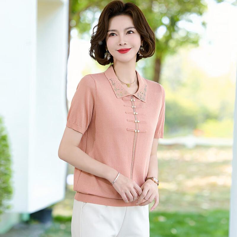 WoXue Women's New Chinese Style Ice Silk Knitted Short Sleeve T-Shirt