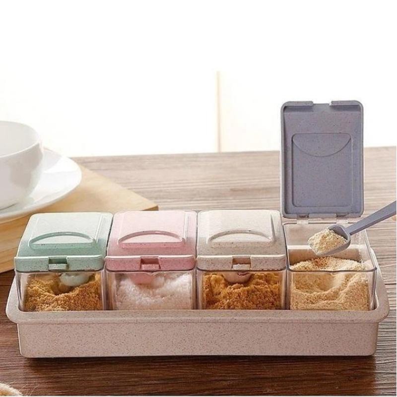 4 Fächer Weizenstroh Gewürzbox mit Löffel Abnehmbares Gewürzglas Küchengewürzbox Kunststoff Gewürzbox Flasche Dose Set