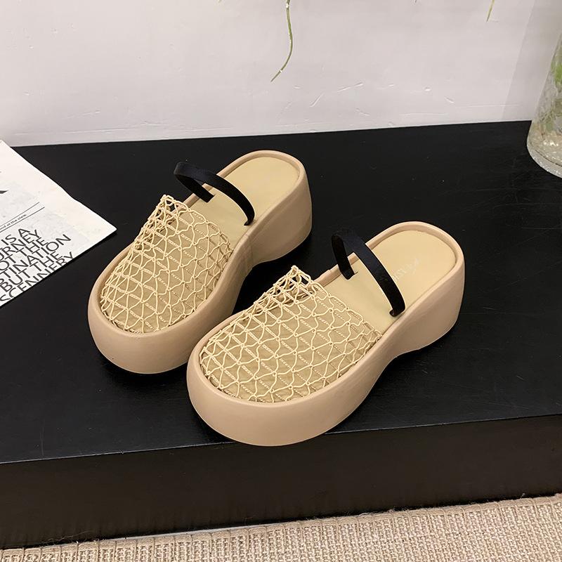Retro Mesh Hollowed-out Bag Head Cool Slippers Women's Summer Wear Thick-soled Wedge Heels High Heels Vacation Word with Cool Slippers