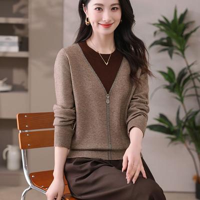Autumn Winter Casual Fashion Fake Two Pieces Knitting Top Women Round Neck Patchwork All-match Sweater