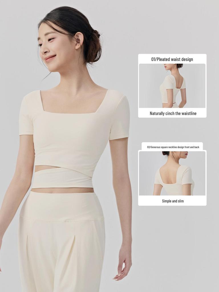 Women's Sexy Square Neck Short Sleeve Yoga Top with Chest Pads - Nude Feel Fitness and Pilates T-Shirt