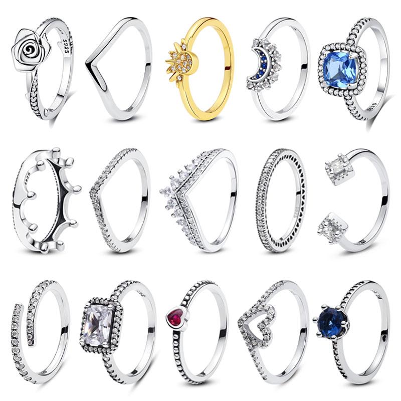 New 925 Silver Rings For Women Crown Love Heart Moon Sun Engagement Wedding Rose Gold Ring Luxury Jewelry Gift