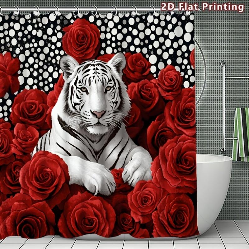 4Pcs 2D Flat White Tiger Roses Shower Curtain Set with Non-Slip Bath Mat, Toilet Lid Cover, Contour Rug & 12 Hooks, Bathroom Decor